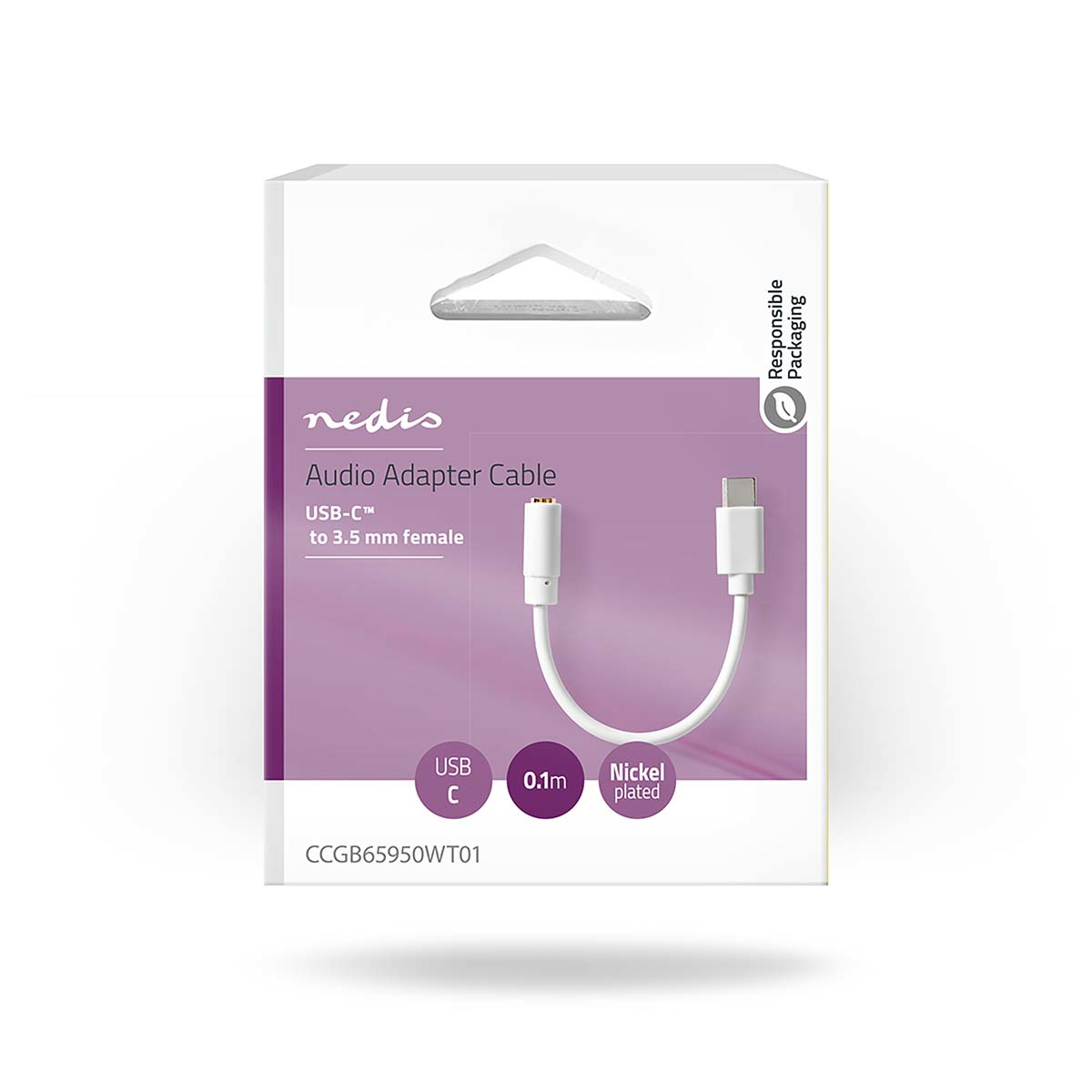 Weiße Box mit USB-C-zu-3,5-mm-Audioadapter. Weißer Hintergrund.