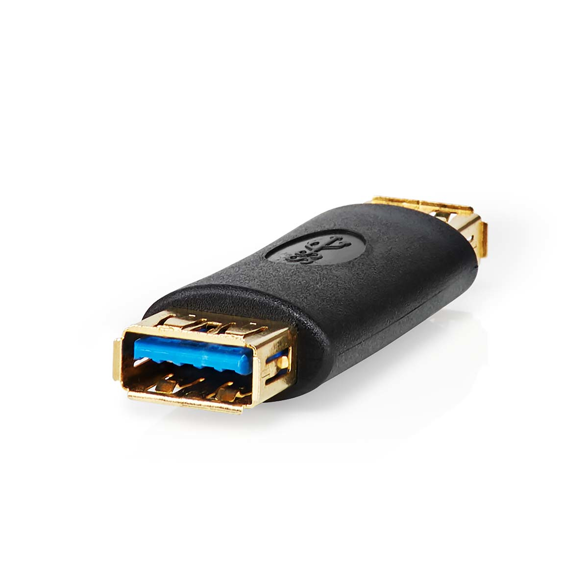 Adaptador USB negro con conectores dorados y interior azul.