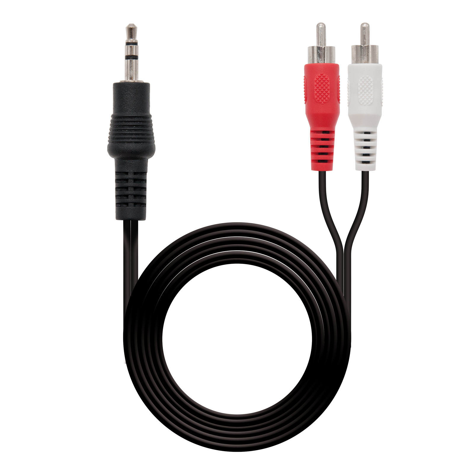 Cable de audio negro y rojo con un conector jack de 3,5 mm y dos conectores RCA.