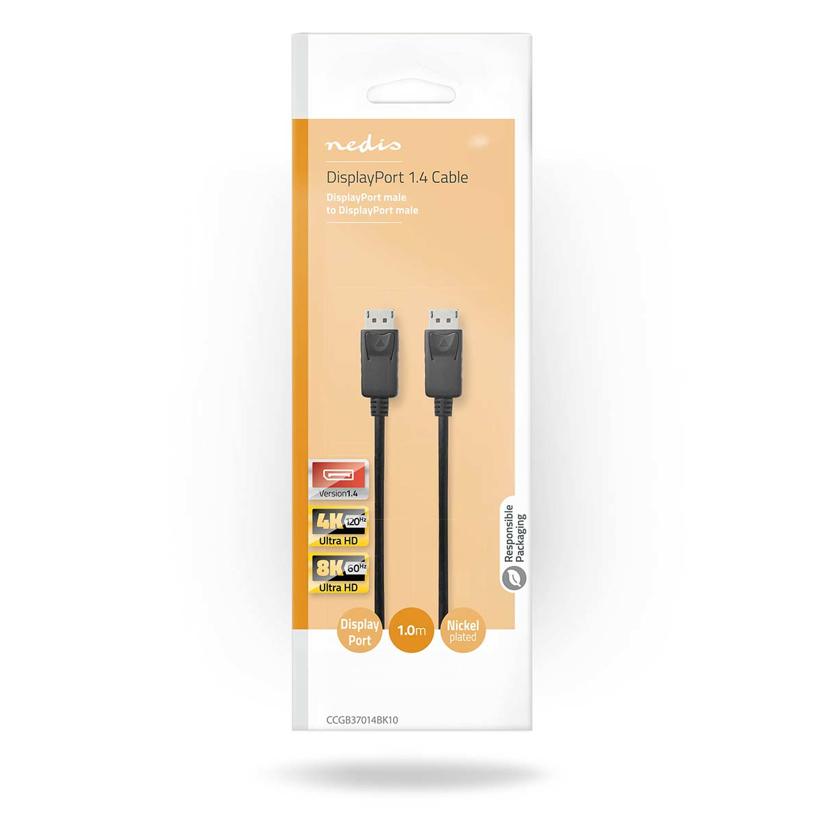 Câble DisplayPort dans son emballage. Câble noir avec deux connecteurs, fond blanc.