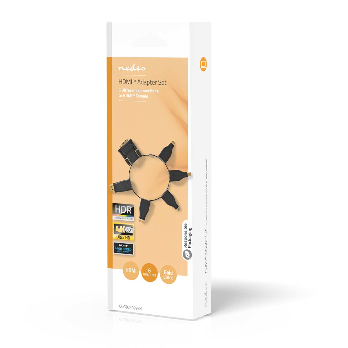 Ensemble d'adaptateurs HDMI dans une boîte blanche. Texte : HDMI Adapter Set, 6 connexions différentes.