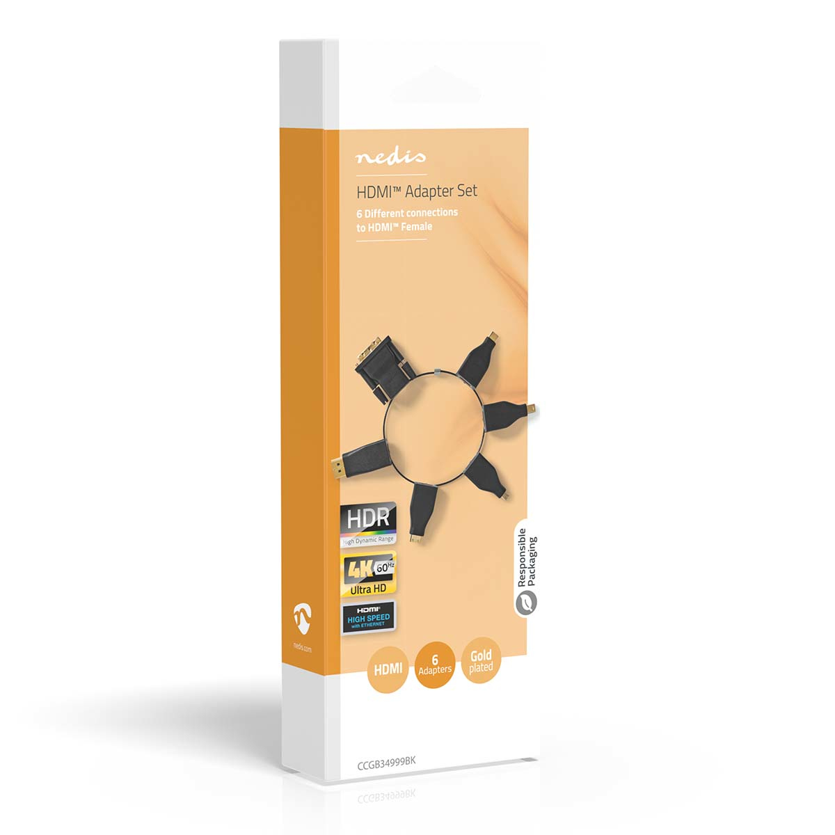Emballage d'un ensemble d'adaptateurs HDMI avec adaptateurs et câbles affichés.