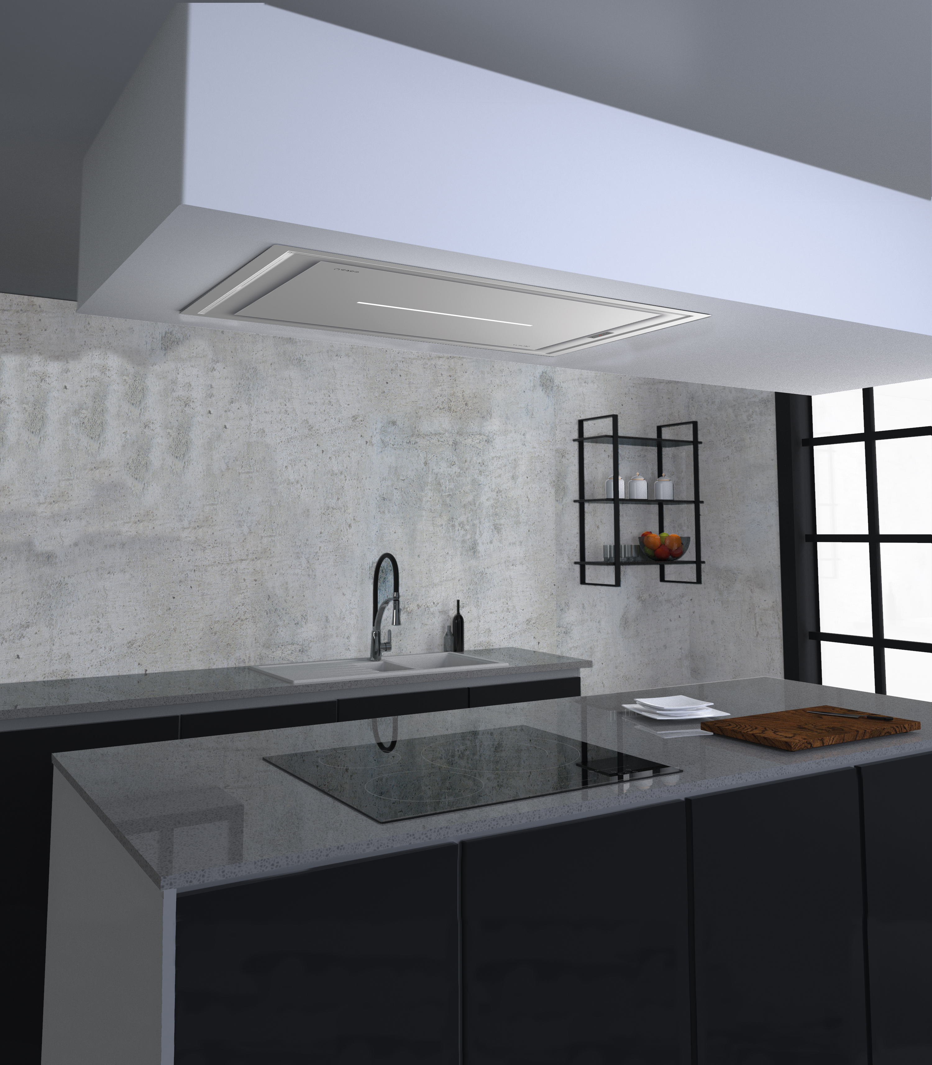 Una cucina moderna con piano di lavoro nero, lavello e cappa in acciaio inossidabile.