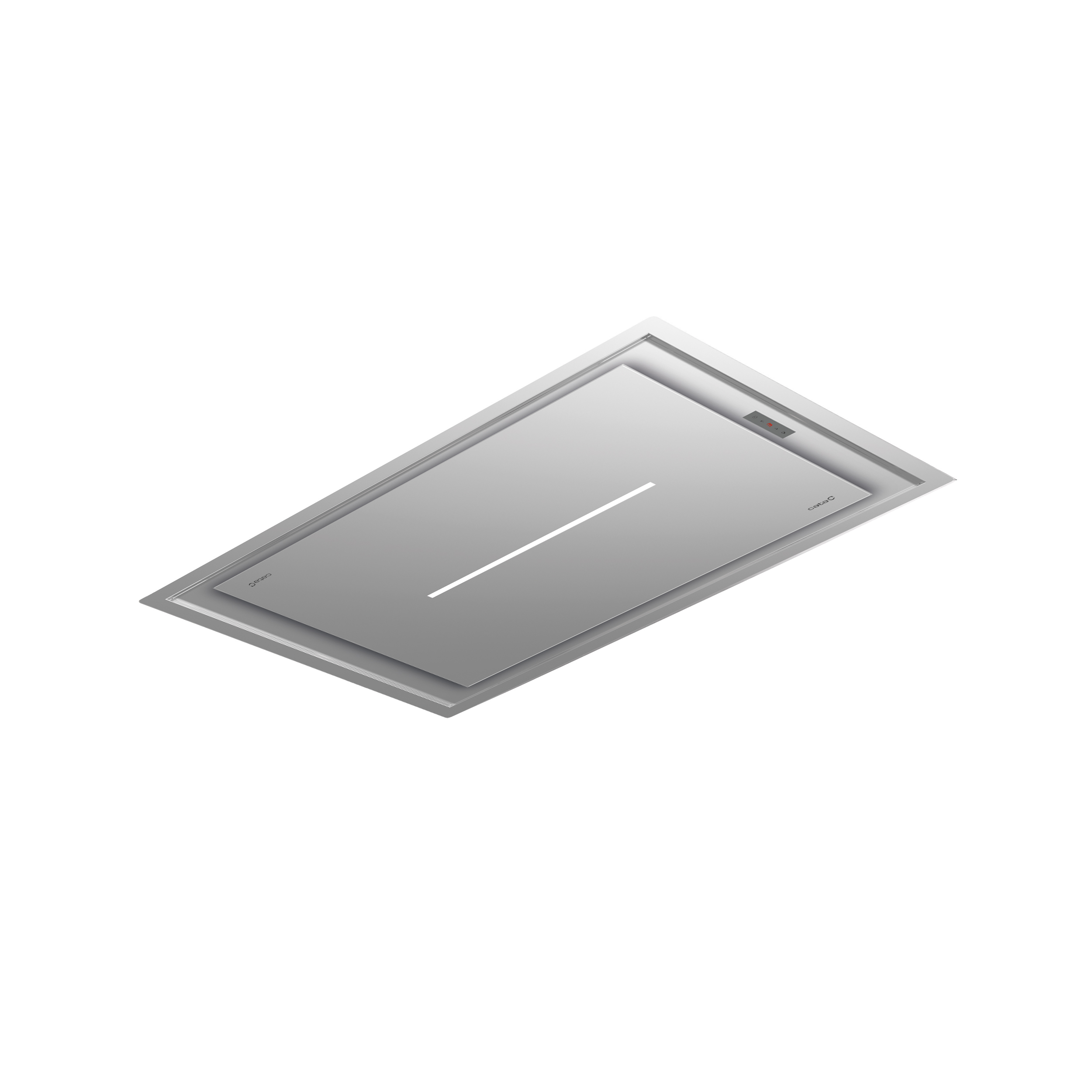 Una cappa da cucina argentata e rettangolare. È montata a soffitto e ha una luce.