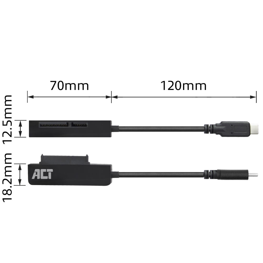 Zwei schwarze Anschlusskabel mit Maßen in Millimetern. Eines ist SATA, das andere USB-C.