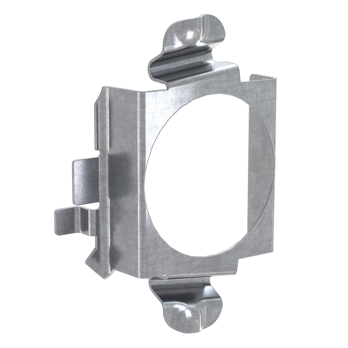 Metallhalterung mit kreisförmiger Öffnung und Befestigungspunkten, weißer Hintergrund.