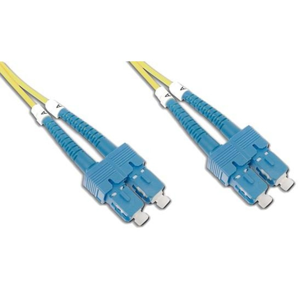 Due cavi in fibra ottica blu con connettori blu e fermi bianchi.