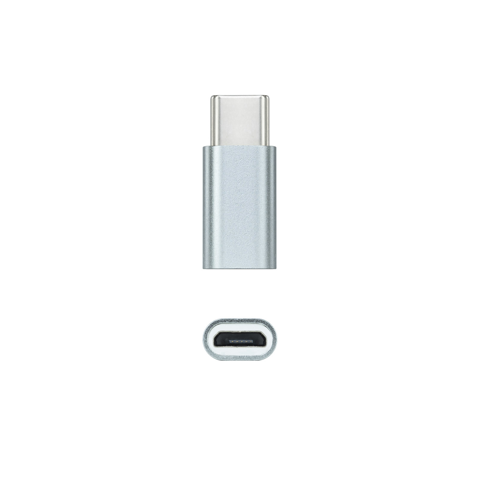 Adaptador USB-C plateado. El puerto es visible en la parte inferior. Fondo blanco.