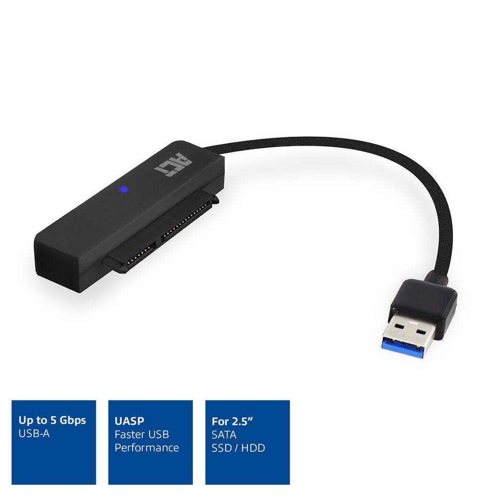 Schwarzer USB-A-zu-SATA-Adapter. Blaues Licht oben und drei Beschreibungen unten: USB-A, UASP und für 2,5" SSD/HDD.