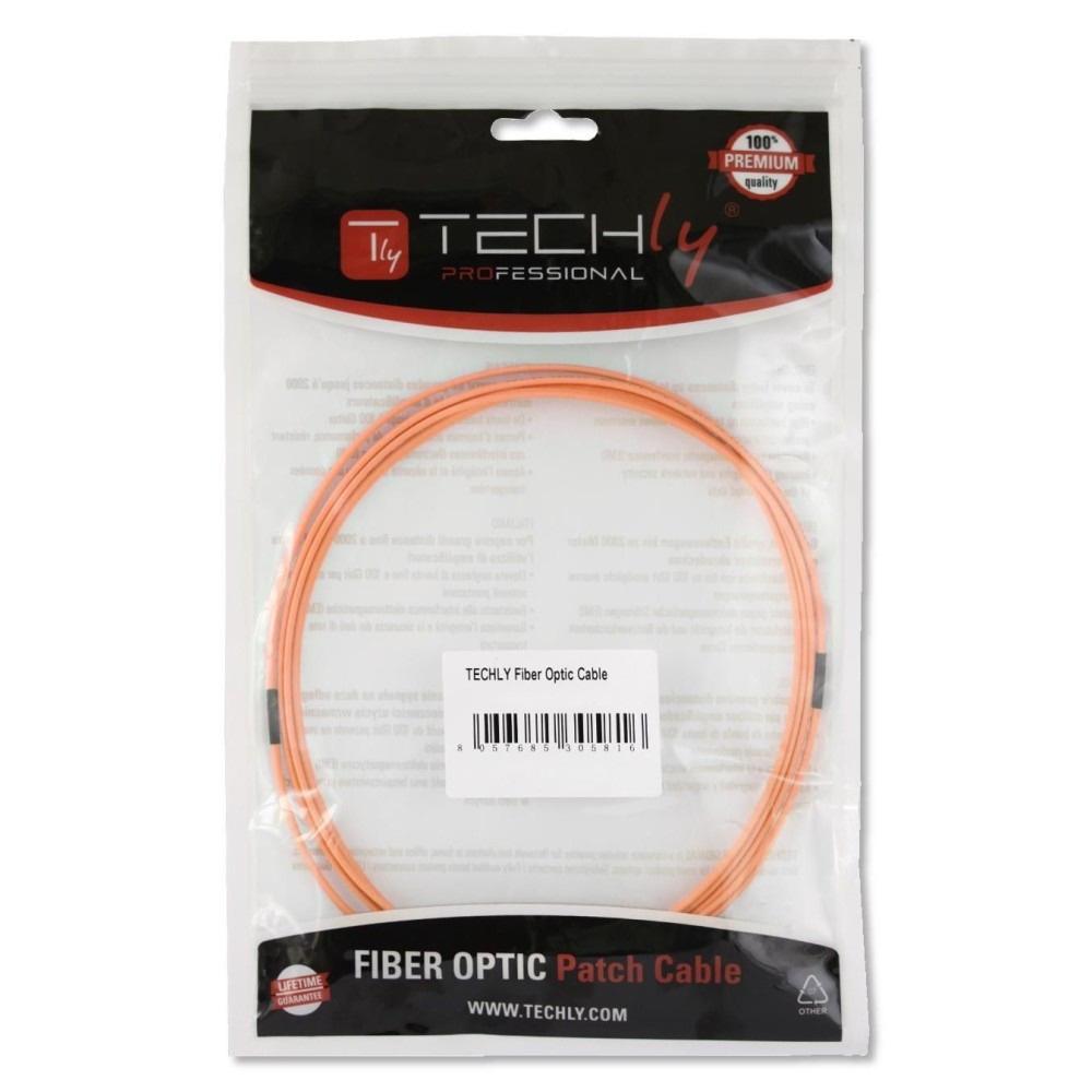 Confezione di plastica trasparente con un cavo in fibra ottica arancione all'interno. Sfondo bianco.