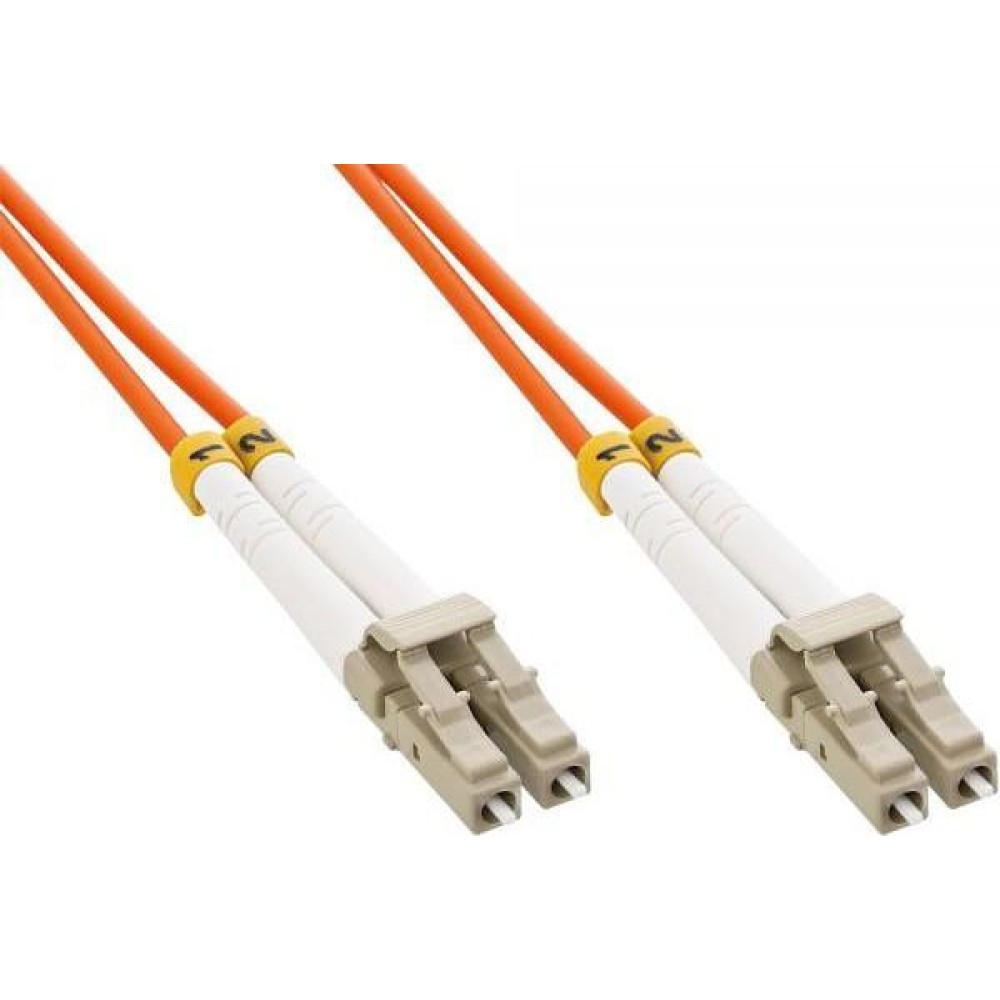 Due cavi in fibra ottica arancioni con connettori.