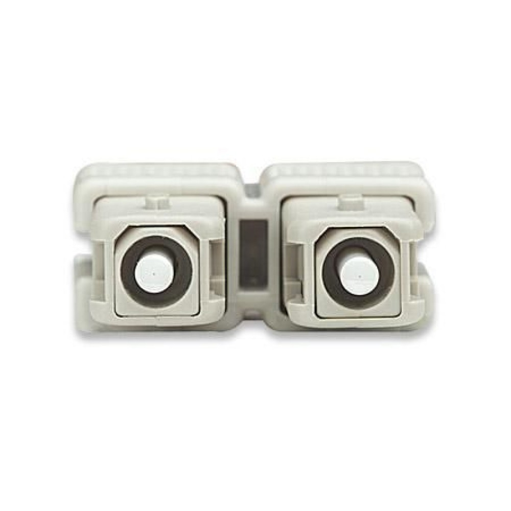 Connettore in fibra ottica grigio con due aperture bianche. Sfondo bianco.