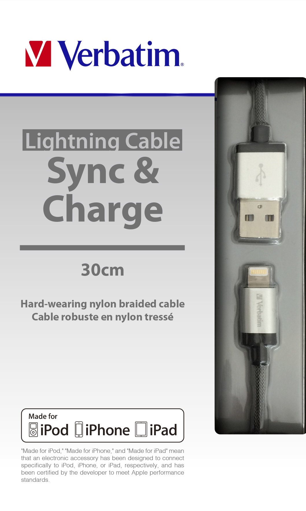 Eine Verbatim Lightning-Kabelverpackung. Das Kabel ist schwarz und weiß, für iPhone und iPad.