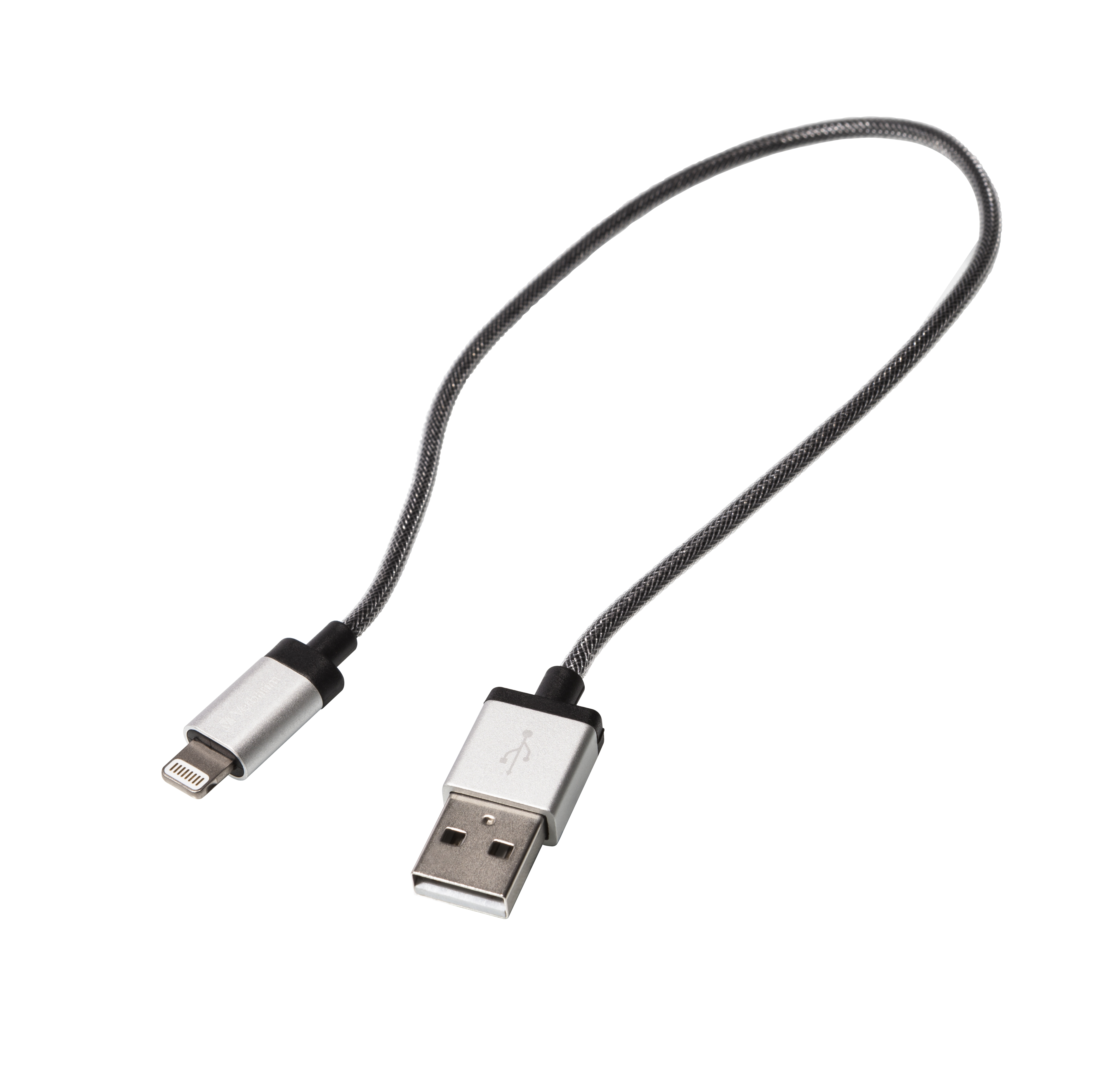 Ein silbernes und schwarzes USB-zu-Lightning-Kabel auf weißem Hintergrund.