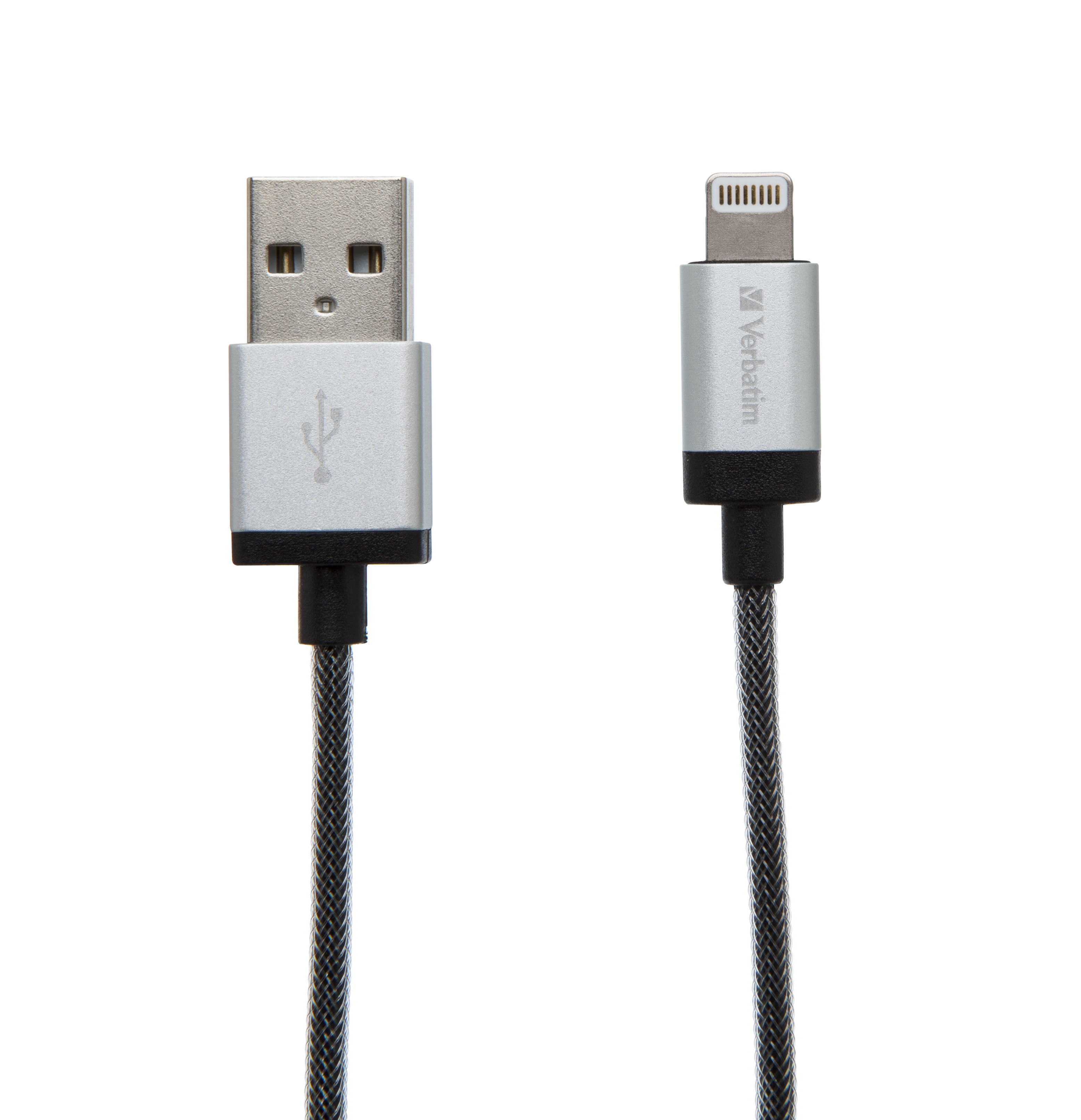 Silbernes USB-auf-Lightning-Kabel auf weißem Hintergrund, schwarze Akzente.
