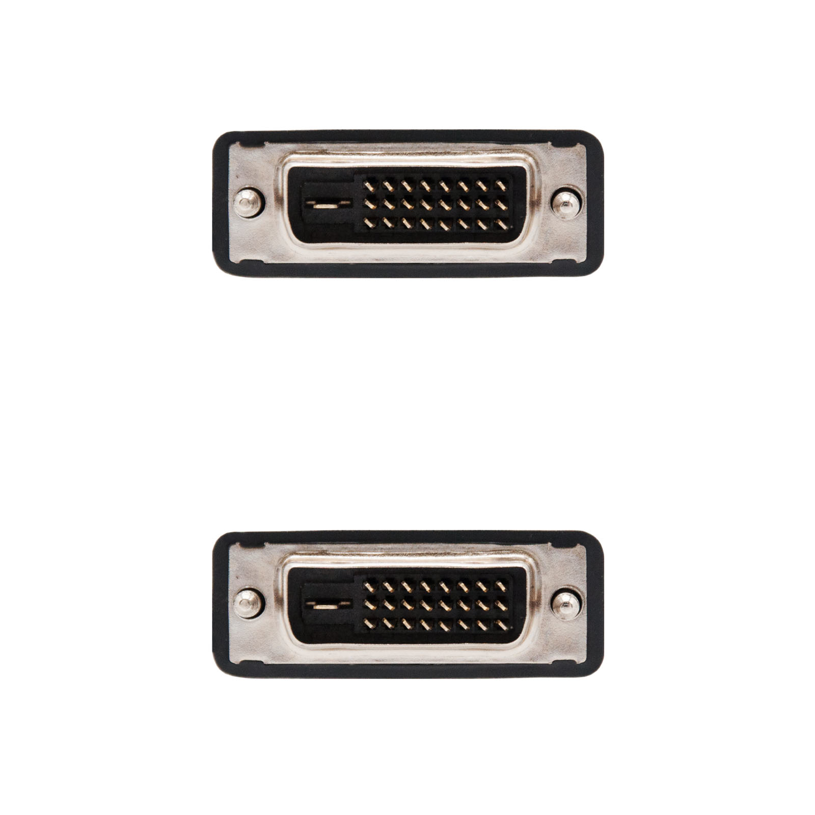 Dwa złącza DVI, czarne i srebrne, skierowane w tym samym kierunku na białym tle.