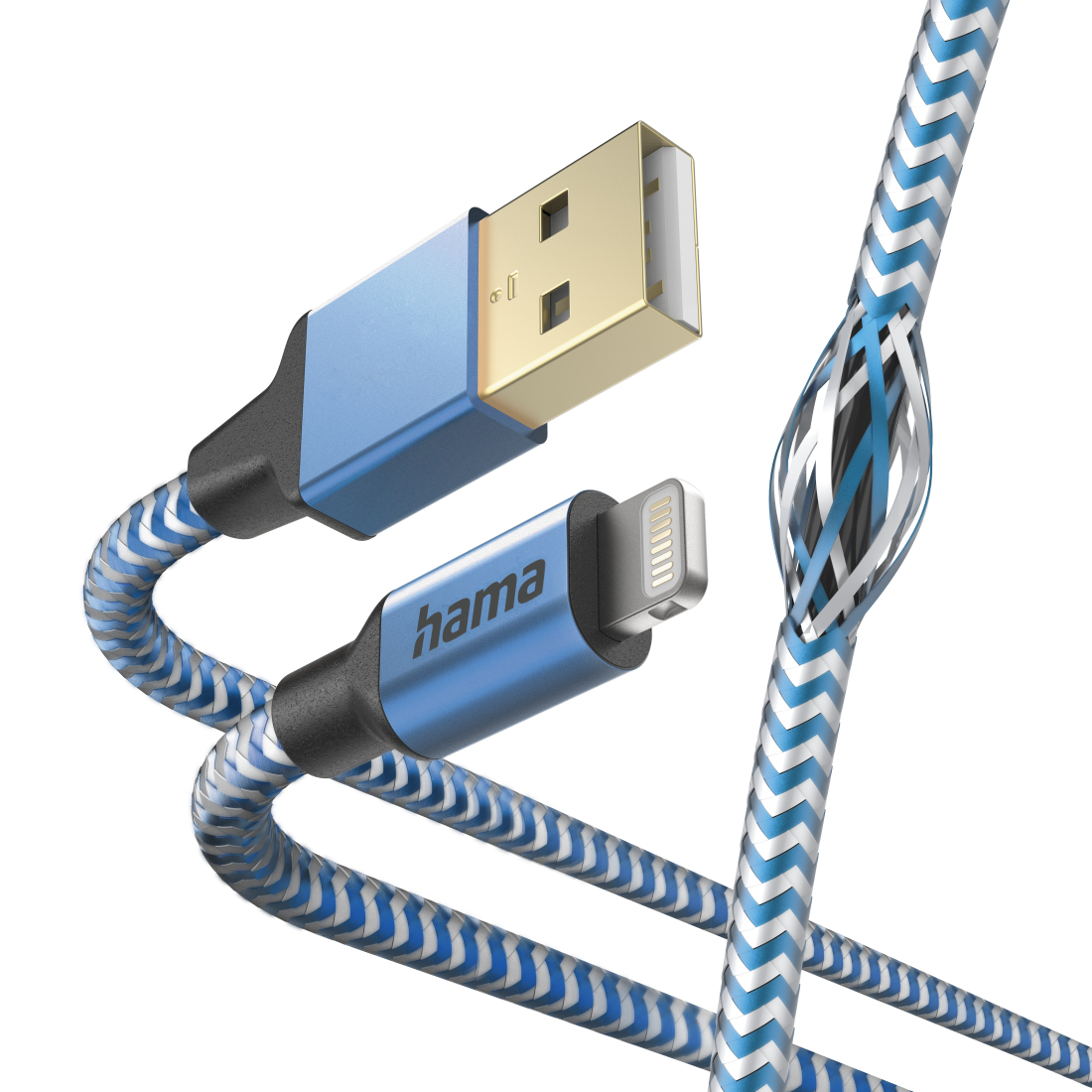Un câble USB vers Lightning à rayures bleues et blanches, avec un câble cassé.