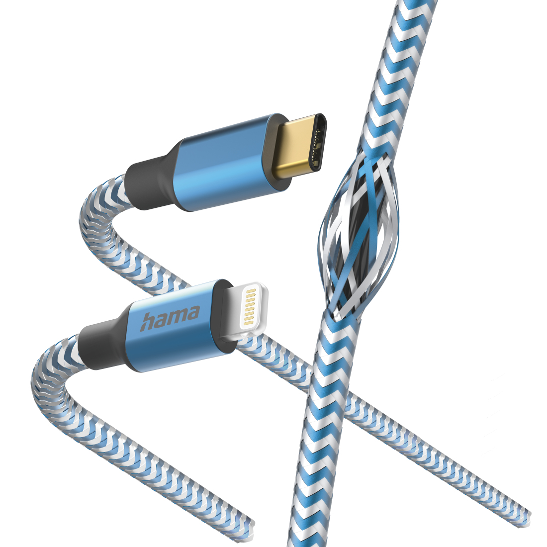 Blau-weißes USB-C-auf-Lightning-Kabel und ein USB-C-Kabel, isoliert auf Weiß.