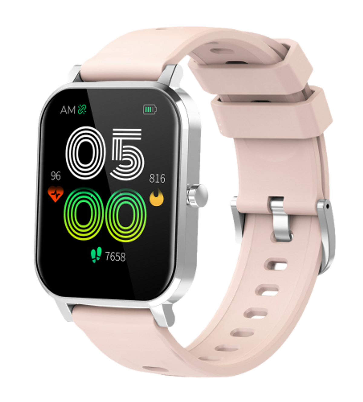 Smartwatch con cinturino rosa, mostra ora e metriche di salute su schermo nero.
