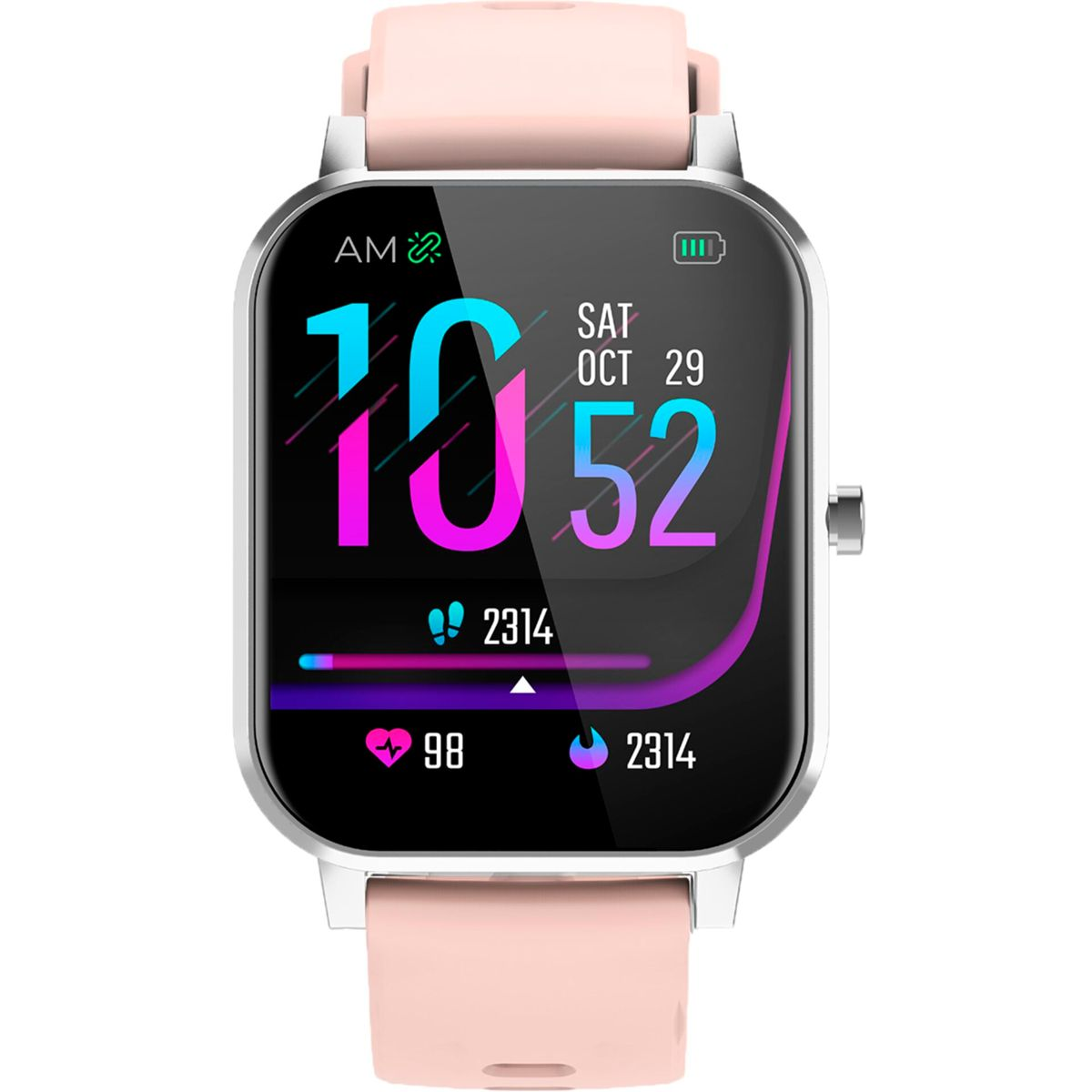 Smartwatch con cinturino rosa, mostra tempo e parametri sanitari, sfondo bianco.