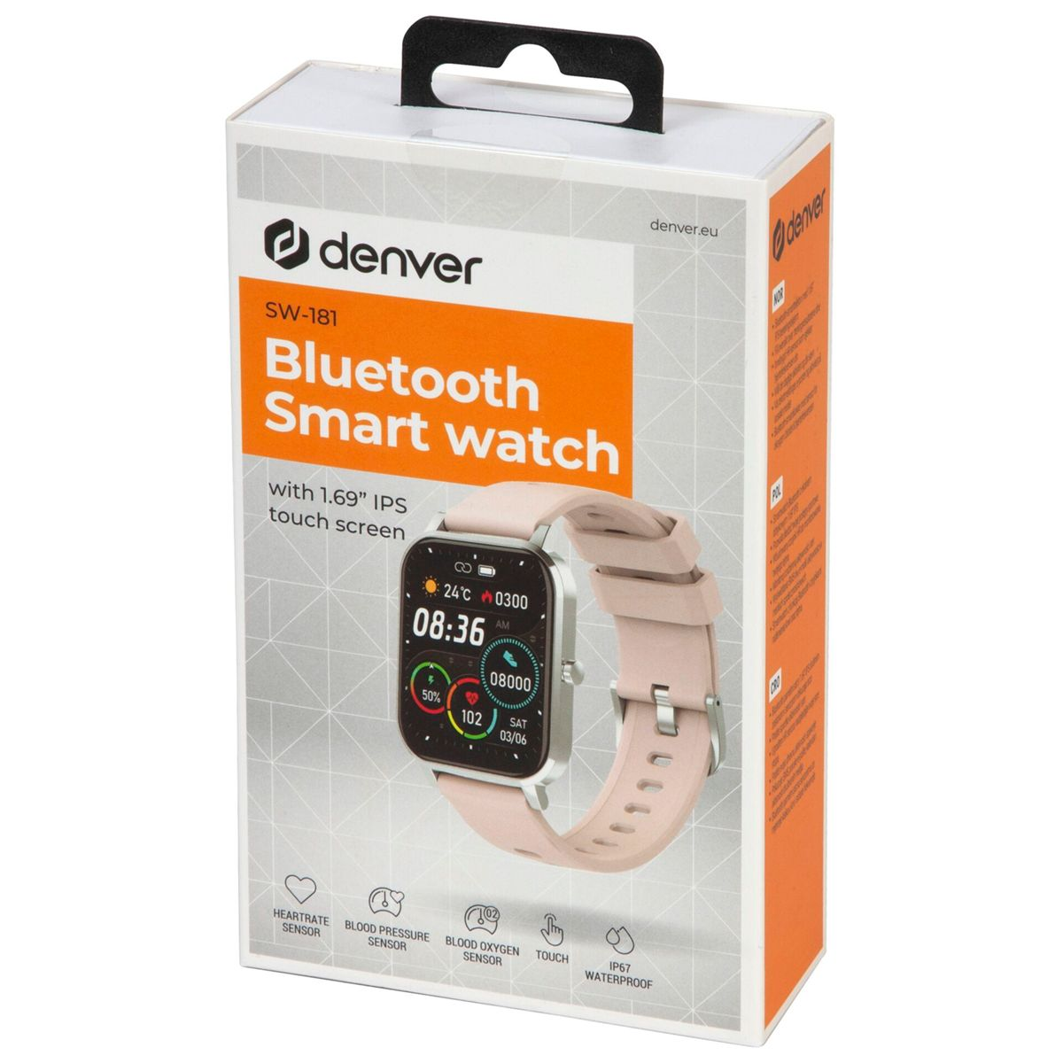 Una scatola di smartwatch. Ha un orologio con cinturino rosa. La scatola ha testo e immagini.