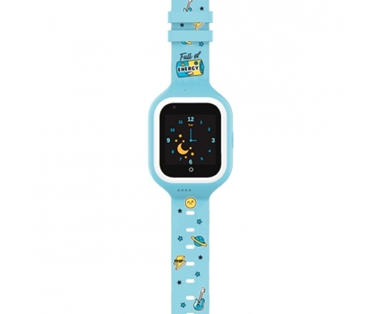 Smartwatch azul para niños con esfera que muestra la hora, y correa azul con adornos.