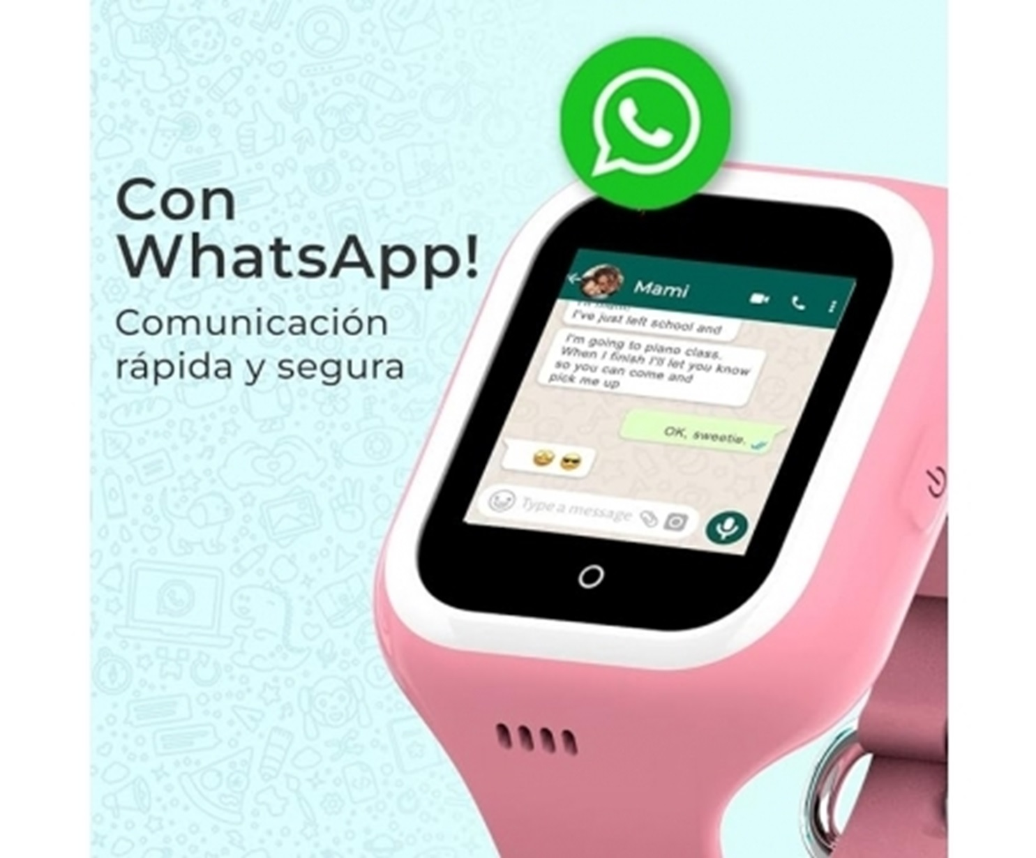 Smartwatch rosa con mensaje de WhatsApp en pantalla, burbujas de texto y un icono verde de WhatsApp.