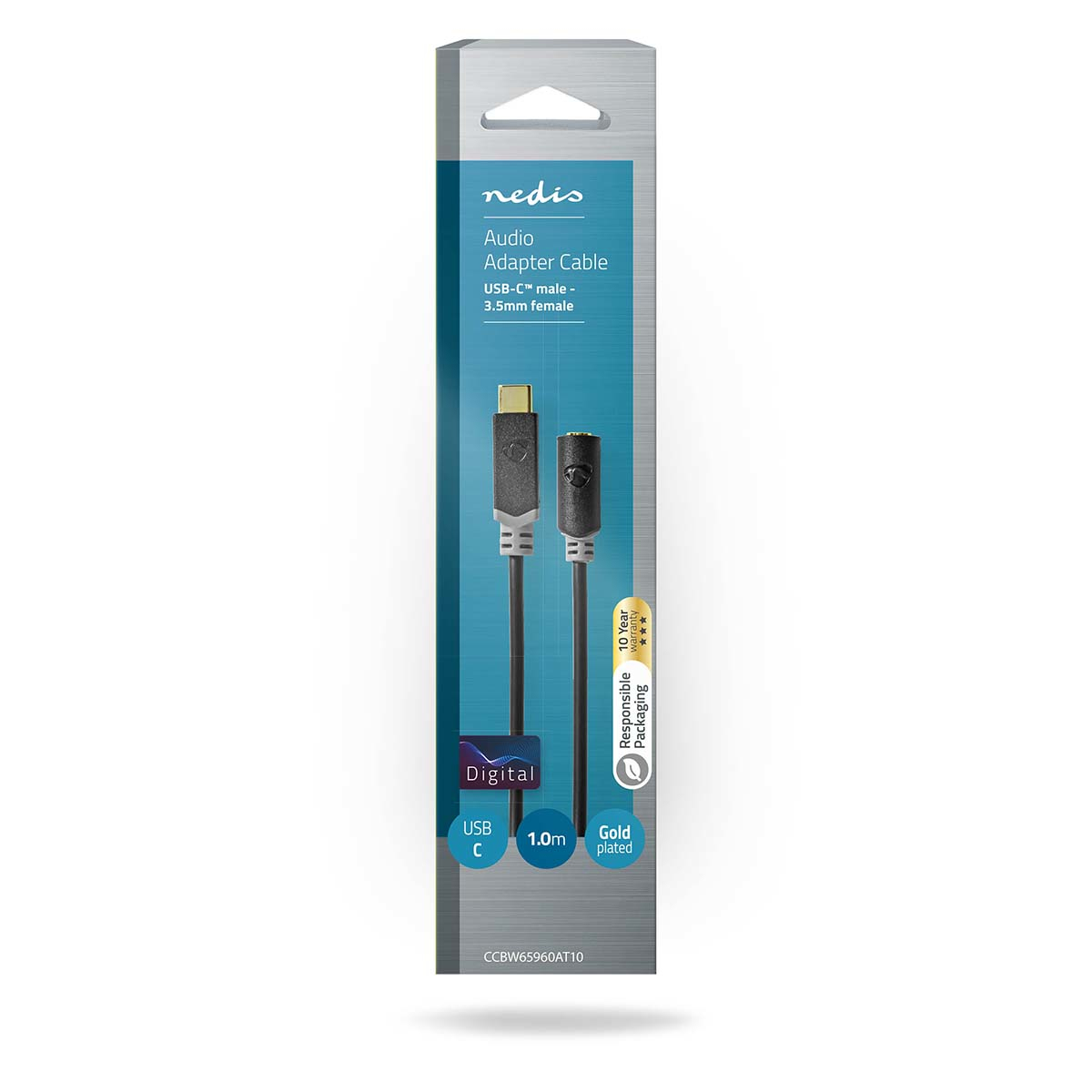 Audio-adapterkabel in verpakking, met USB-C en 3,5 mm mannelijke en vrouwelijke uiteinden.