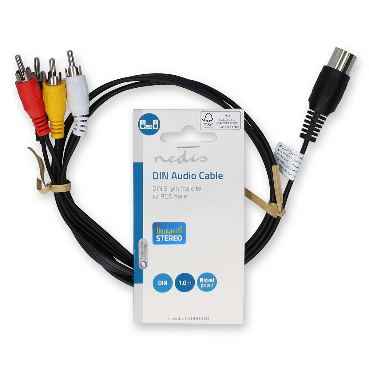 DIN-Audiokabel. Schwarzes Kabel mit roten, weißen und gelben Cinch-Anschlüssen.