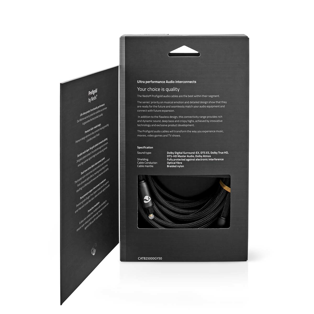 Boîte de câble audio noire avec texte, ouverte pour montrer le câble. Le câble est noir avec des connecteurs argentés.