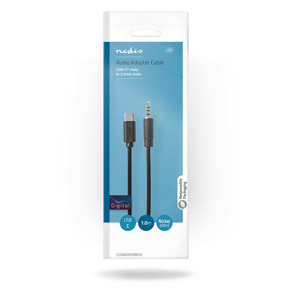 Un cavo adattatore audio da USB-C a maschio da 3,5 mm nero in una confezione bianca e blu.