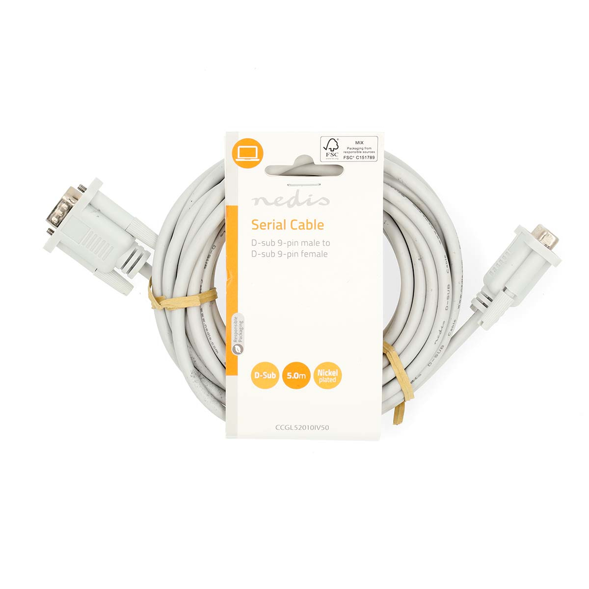 Ein graues serielles Kabel mit Steckern an jedem Ende, das auf weißem Hintergrund liegt. Die Verpackung ist sichtbar.