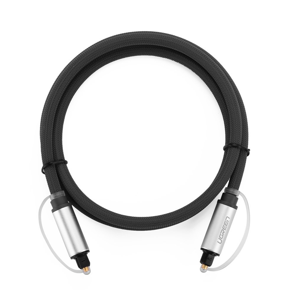 Czarno-szary kabel audio, ze srebrnymi złączami i czarnym plecionym przewodem.