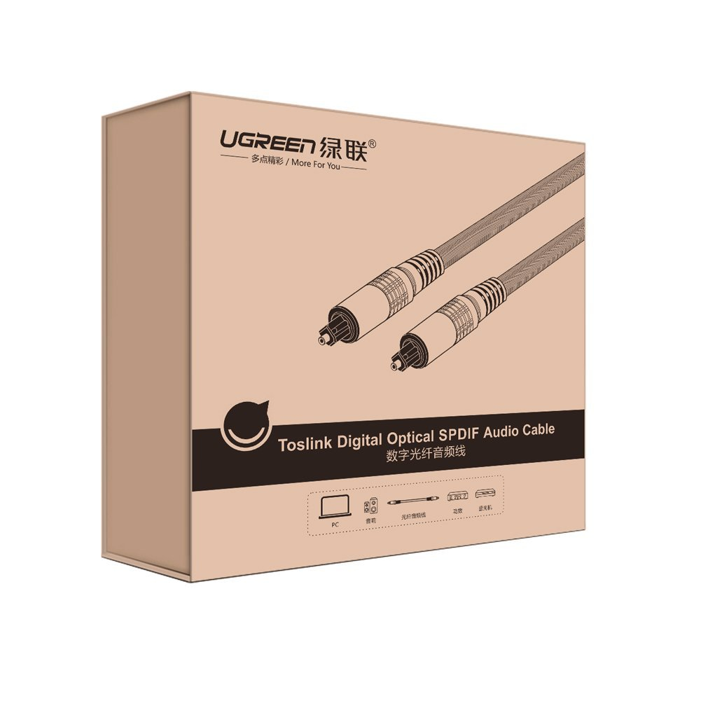Pudełko Ugreen z cyfrowym kablem audio optycznym SPDIF, białe tło.