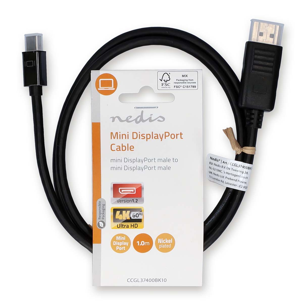 Een zwarte Mini DisplayPort-kabel met verpakking, op een wit oppervlak. Tekst is zichtbaar.