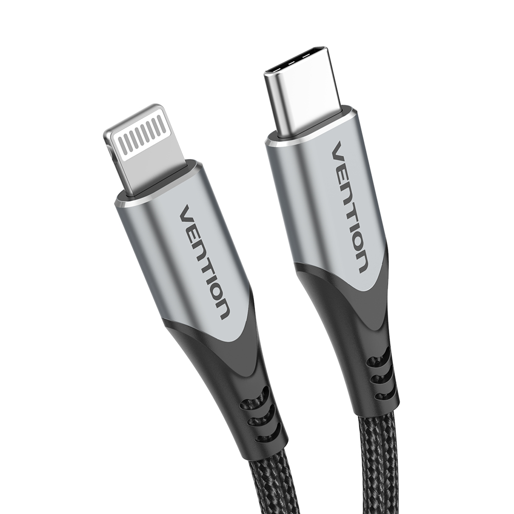 Zwei VENTION Ladekabel, eines mit Lightning-Anschluss, das andere mit USB-C-Anschluss.