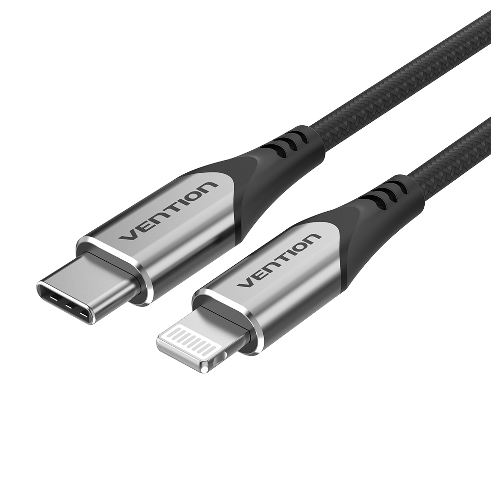 Schwarzes Ladekabel mit USB-C- und Lightning-Anschlüssen. Die Marke Vention ist sichtbar.
