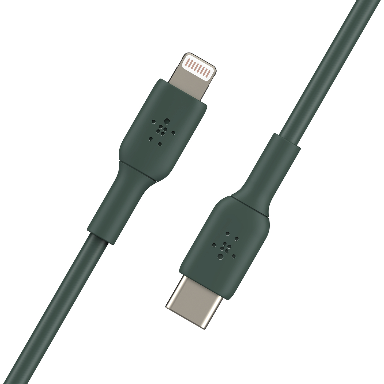 Grünes USB-C-auf-Lightning-Kabel auf weißem Hintergrund.