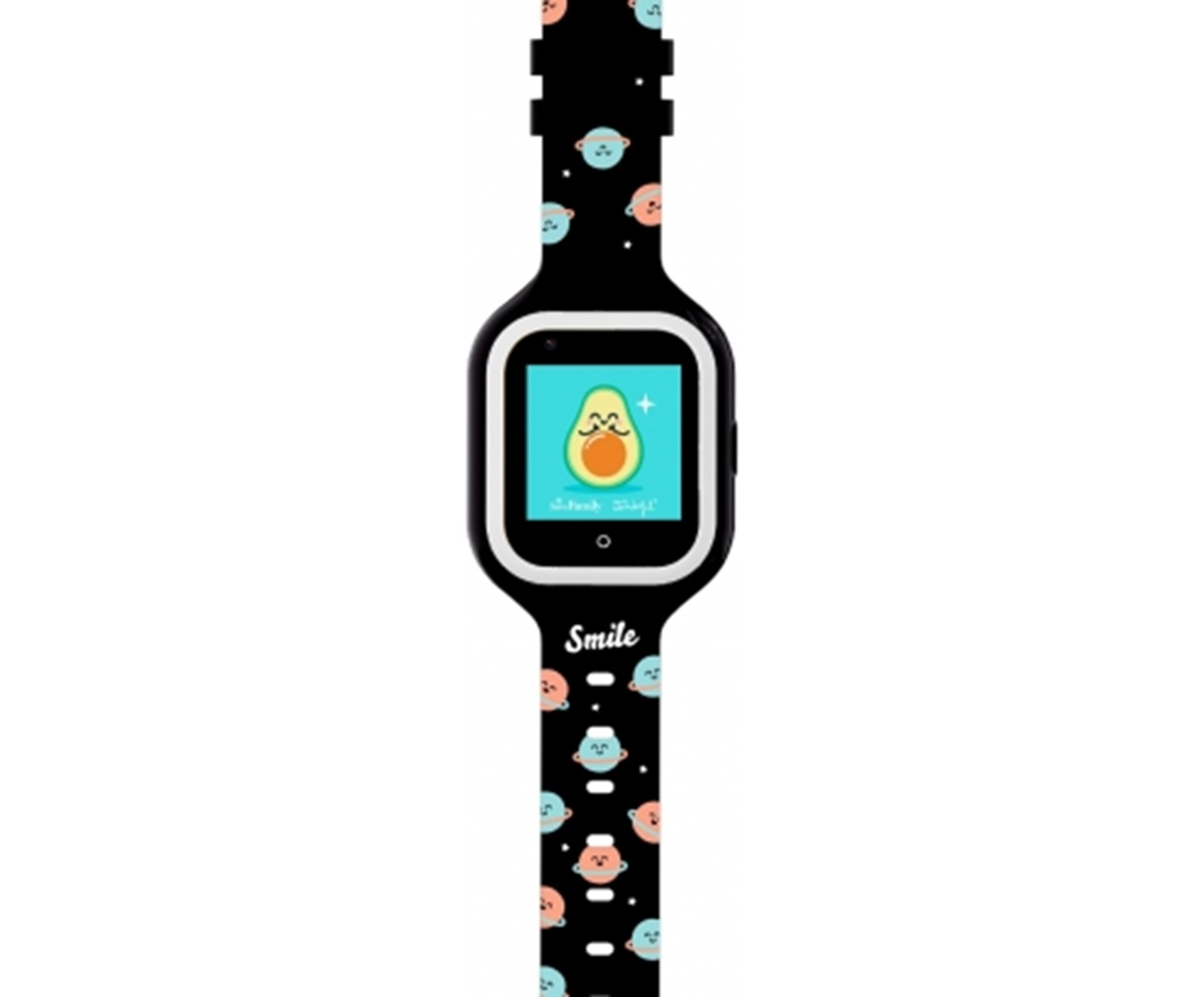 Reloj inteligente negro con aguacate de dibujos animados en pantalla y correa estampada.