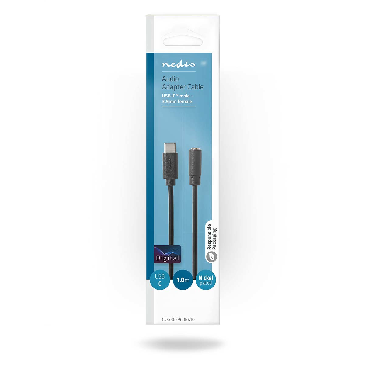 Audio adapter cable, USB-C to 3.5mm female, black cable and connectors, in white packaging with text.