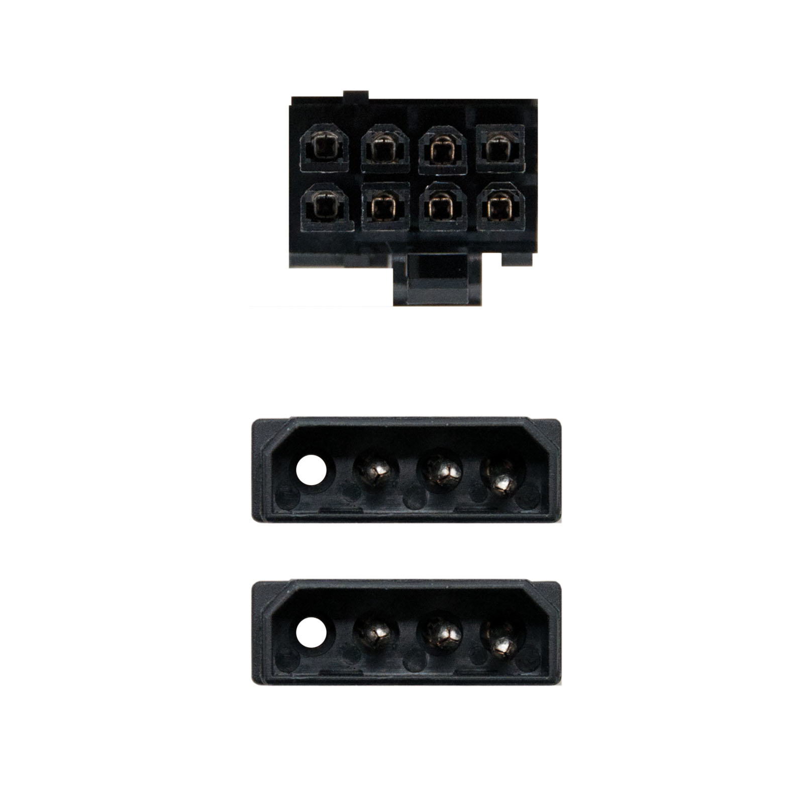 Primer plano de conectores de computadora. Se muestran un conector de 8 pines y dos de 4 pines.