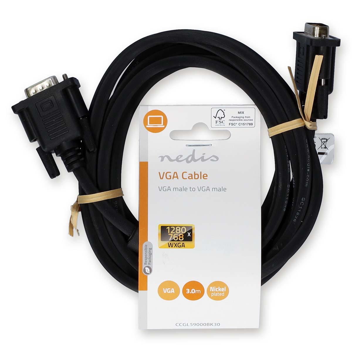 Schwarzes VGA-Kabel mit weißem Etikett. Das Etikett enthält Spezifikationen und Markeninformationen.