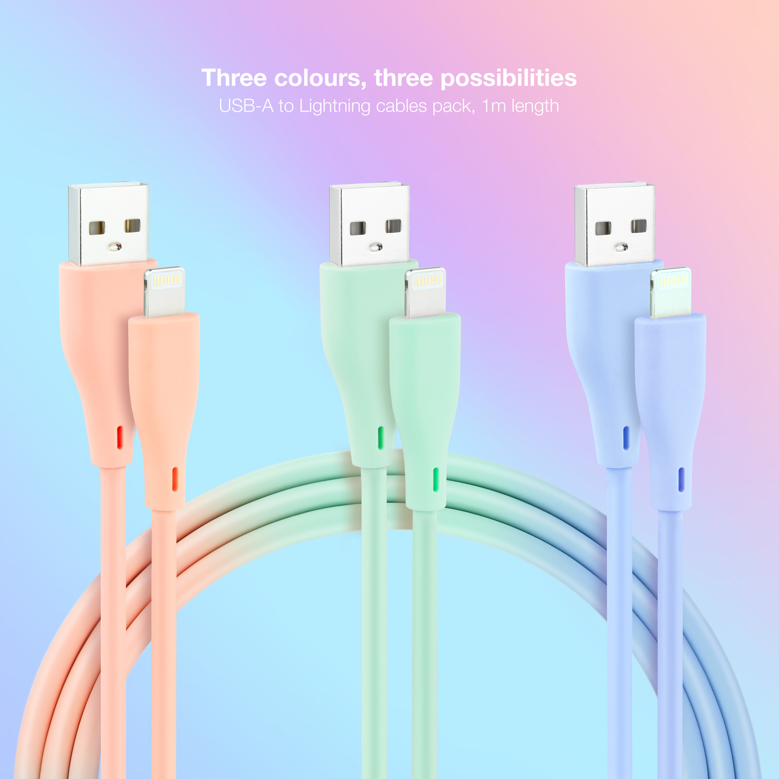 USB-A-auf-Lightning-Kabel in Pink, Grün und Blau, 1 Meter Länge.