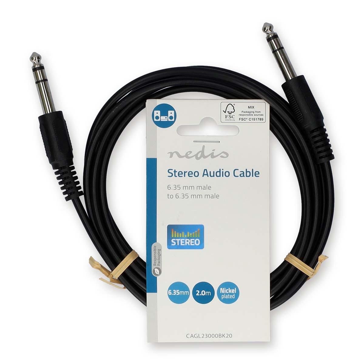 Kabel audio stereo z wtykami męskimi 6,35 mm. Czarny kabel z białą etykietą.