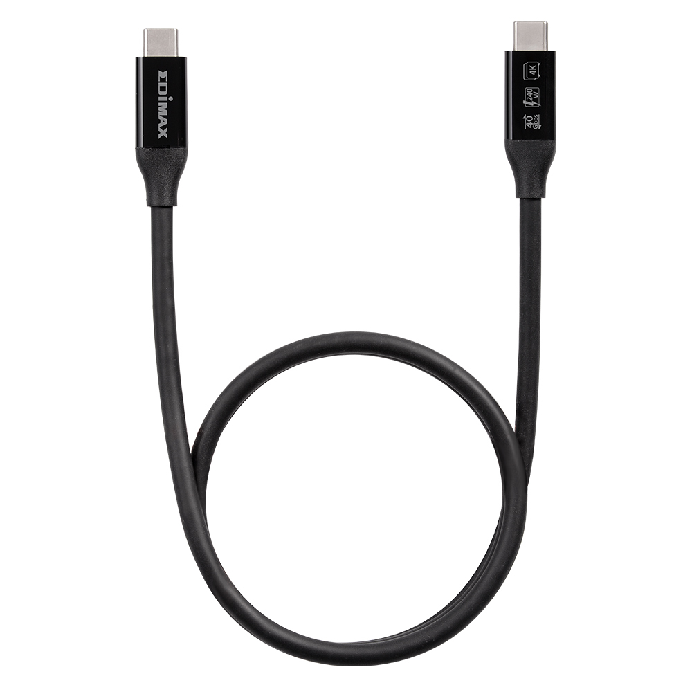 Czarny kabel USB-C, ze złączem USB-C na każdym końcu, na białym tle.