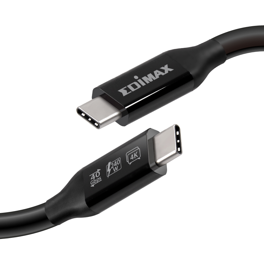 Czarny kabel USB-C z oznaczeniami 40 Gbps i 240W. Logo Edimax na kablu. Białe tło.