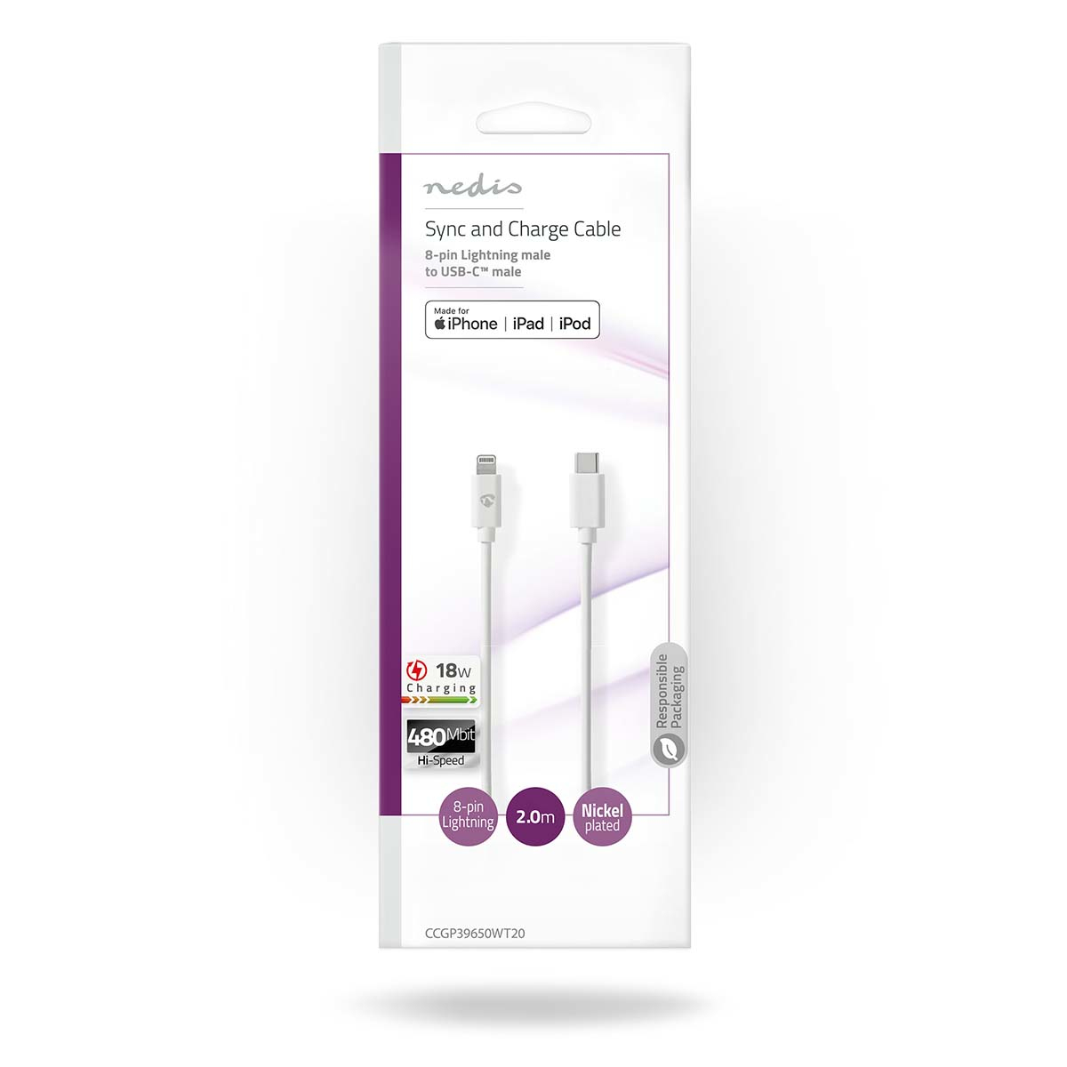 Weißes Ladekabel in einer Verpackung. Verpackung hat Text: 8-poliger Lightning auf USB-C Stecker.