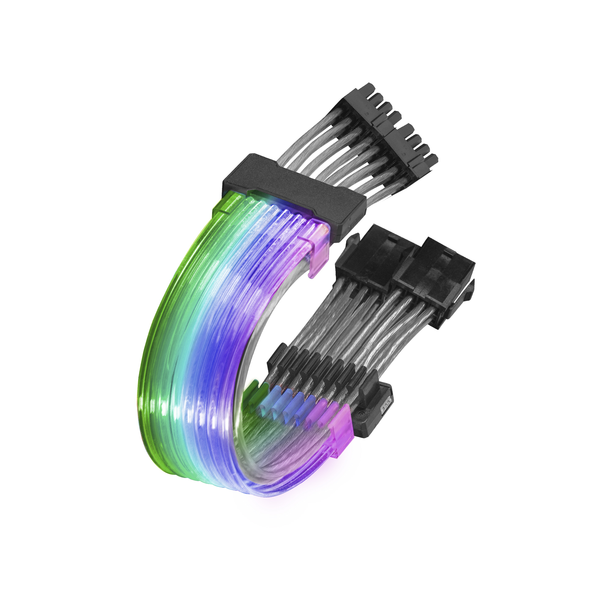 Zakrzywiony, wielokolorowy kabel LED do komputera. Ma czarne złącza na końcach.