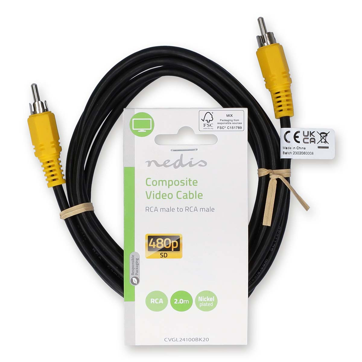 Câble vidéo composite noir avec connecteurs jaunes, emballé avec une carte montrant RCA mâle à mâle.
