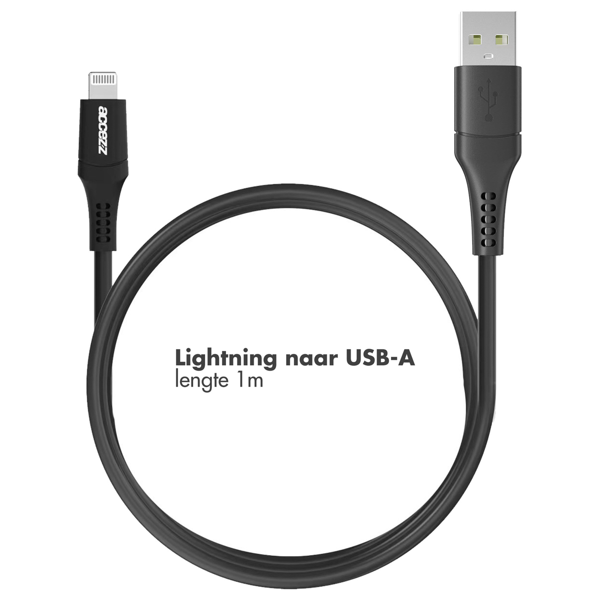 Câble noir Lightning vers USB-A. Câble enroulé. Le texte indique : Lightning vers USB-A longueur 1m.
